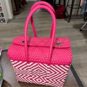 Pink and White Woven Handbag